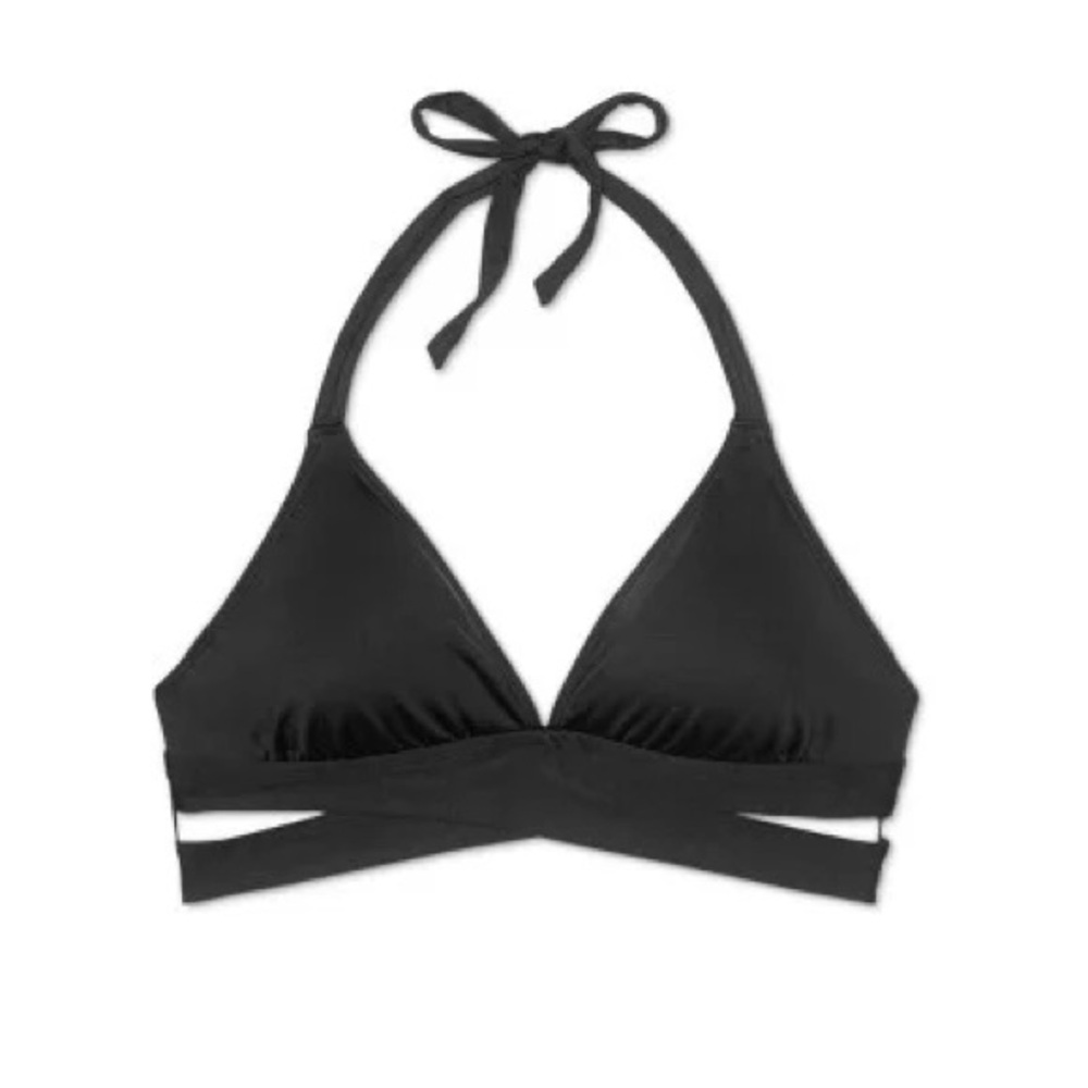 Mossino Black Faux Wrap Halter Bikini Top Tie Back Swimwear